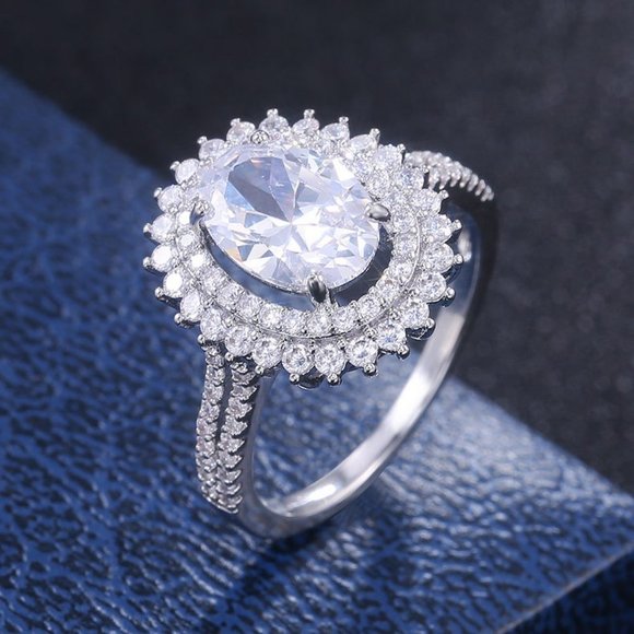NEW Silver Oval Diamond Double Halo Ring 5 - Picture 7 of 7